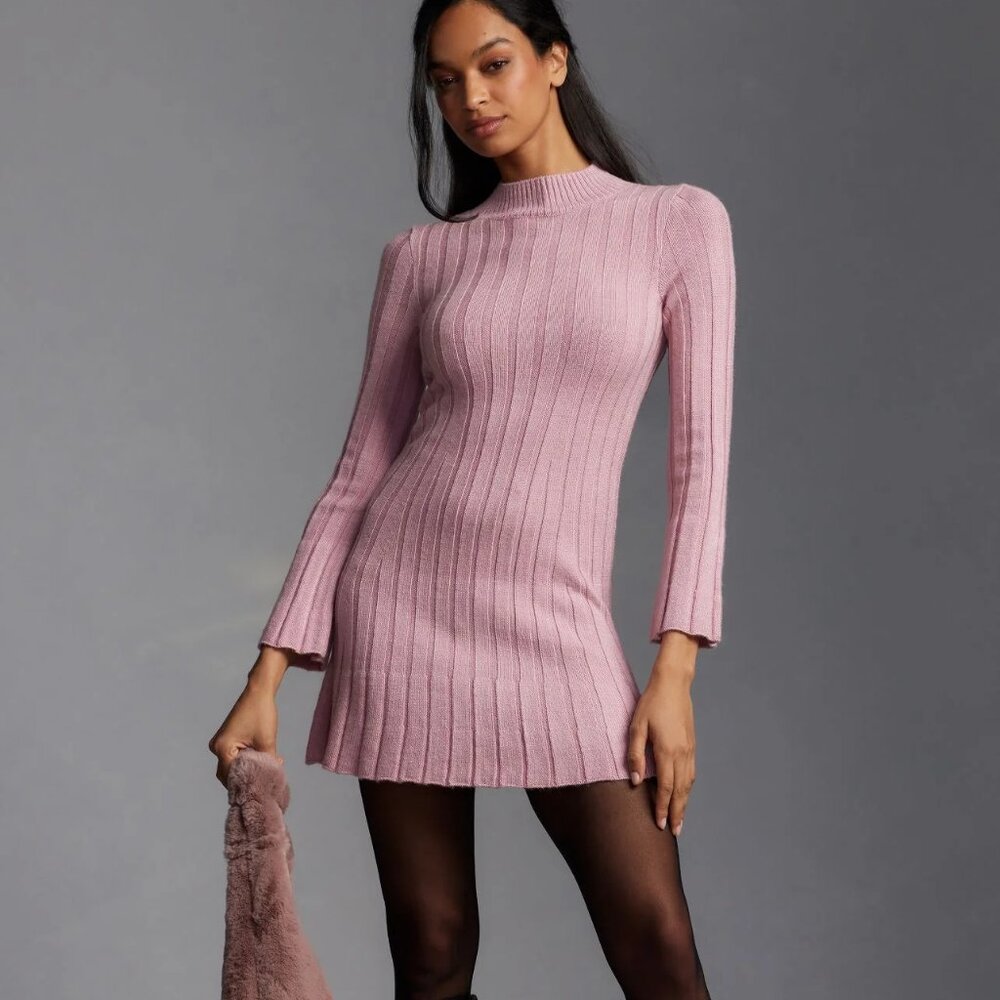 Anthropologie Dress M NWT Long Sleeve Sweater Jumper Ribbed A-line Mini Pink